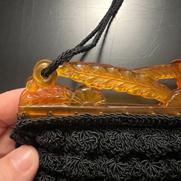 Popcorn Crochet Black Shoulder Purse With Celluloid Frame And Chain Vintage Boho - Picture 6 of 10